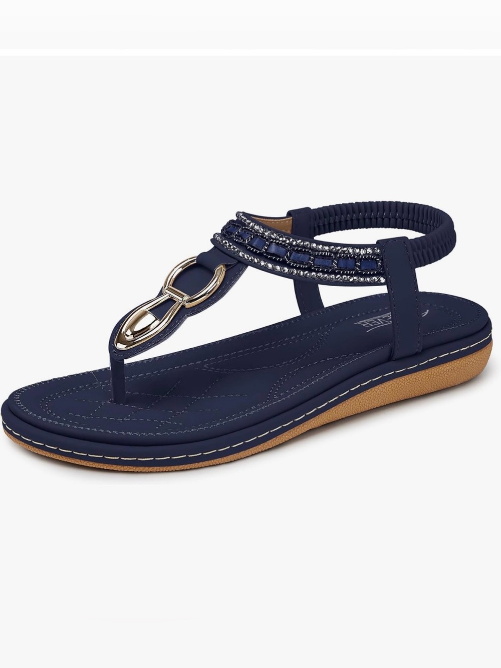 Casual Blue Summer Beaded Slip On Sandals with Gold Accents Women’s Size 10